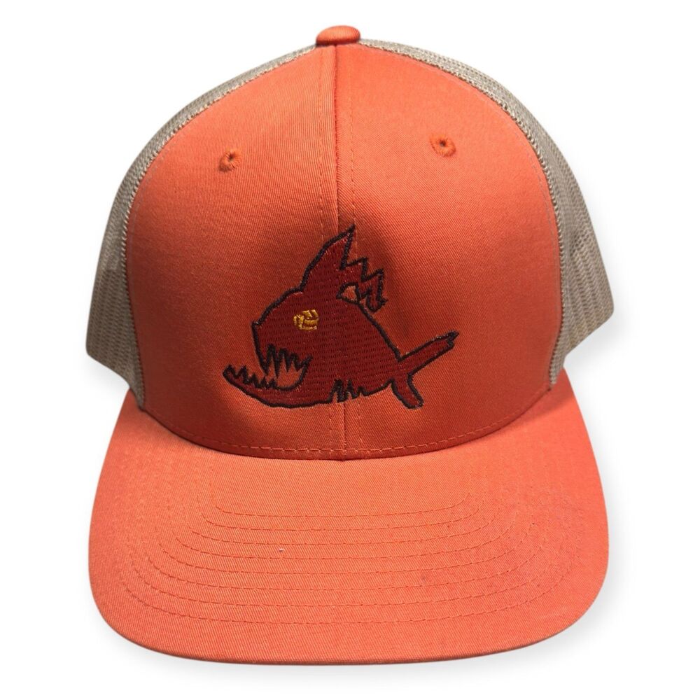 The Classics Orange Fish Snapback Hat Brown Mesh Back Adjustable